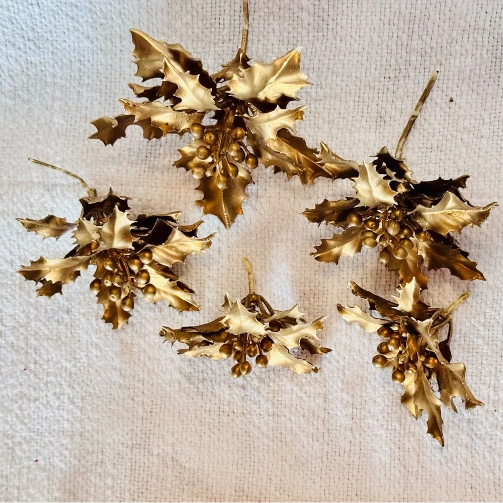 5 VINTAGE Metallic Gold Winter Holly Faux Floral Stems Thick & Rubbery Picks